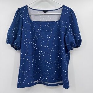 Ann Taylor Top Women Large Blue White Stars Square Neck Stretch Puff Sleeves